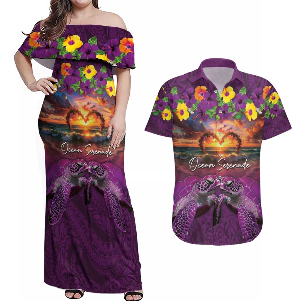Hawaiian Turtle Love Couple Couples Matching Off Shoulder Maxi Dress and Hawaiian Shirt Ocean Serenade - Honu Honi Ihu with Hibiscus and Romantic Sunset Purple Color LT03 Purple - Polynesian Pride