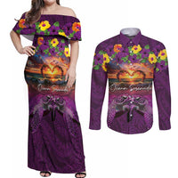 Hawaiian Turtle Love Couple Couples Matching Off Shoulder Maxi Dress and Long Sleeve Button Shirt Ocean Serenade - Honu Honi Ihu with Hibiscus and Romantic Sunset Purple Color LT03 Purple - Polynesian Pride