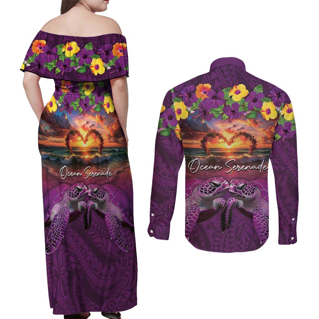 Hawaiian Turtle Love Couple Couples Matching Off Shoulder Maxi Dress and Long Sleeve Button Shirt Ocean Serenade - Honu Honi Ihu with Hibiscus and Romantic Sunset Purple Color LT03 - Polynesian Pride