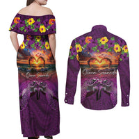 Hawaiian Turtle Love Couple Couples Matching Off Shoulder Maxi Dress and Long Sleeve Button Shirt Ocean Serenade - Honu Honi Ihu with Hibiscus and Romantic Sunset Purple Color LT03 - Polynesian Pride