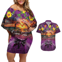 Hawaiian Turtle Love Couple Couples Matching Off Shoulder Short Dress and Hawaiian Shirt Ocean Serenade - Honu Honi Ihu with Hibiscus and Romantic Sunset Purple Color LT03 Purple - Polynesian Pride