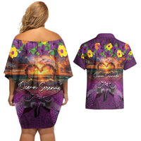 Hawaiian Turtle Love Couple Couples Matching Off Shoulder Short Dress and Hawaiian Shirt Ocean Serenade - Honu Honi Ihu with Hibiscus and Romantic Sunset Purple Color LT03 - Polynesian Pride