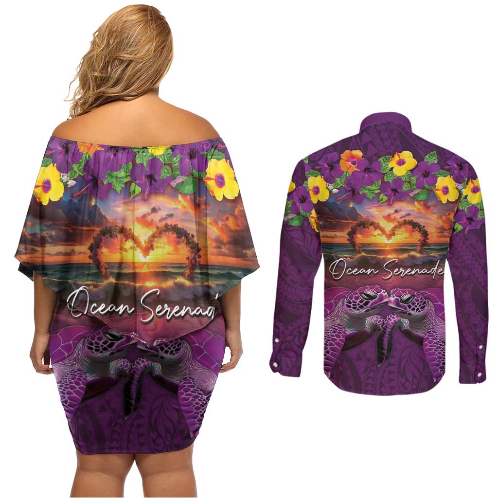 Hawaiian Turtle Love Couple Couples Matching Off Shoulder Short Dress and Long Sleeve Button Shirt Ocean Serenade - Honu Honi Ihu with Hibiscus and Romantic Sunset Purple Color LT03 - Polynesian Pride