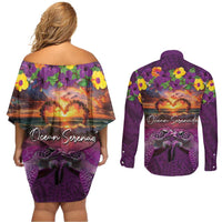 Hawaiian Turtle Love Couple Couples Matching Off Shoulder Short Dress and Long Sleeve Button Shirt Ocean Serenade - Honu Honi Ihu with Hibiscus and Romantic Sunset Purple Color LT03 - Polynesian Pride