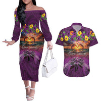 Hawaiian Turtle Love Couple Couples Matching Off The Shoulder Long Sleeve Dress and Hawaiian Shirt Ocean Serenade - Honu Honi Ihu with Hibiscus and Romantic Sunset Purple Color LT03 Purple - Polynesian Pride