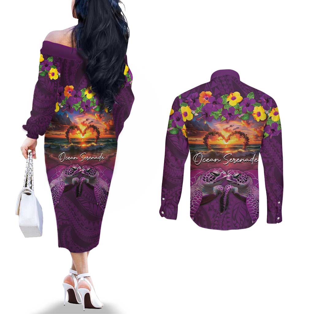 Hawaiian Turtle Love Couple Couples Matching Off The Shoulder Long Sleeve Dress and Long Sleeve Button Shirt Ocean Serenade - Honu Honi Ihu with Hibiscus and Romantic Sunset Purple Color LT03 - Polynesian Pride