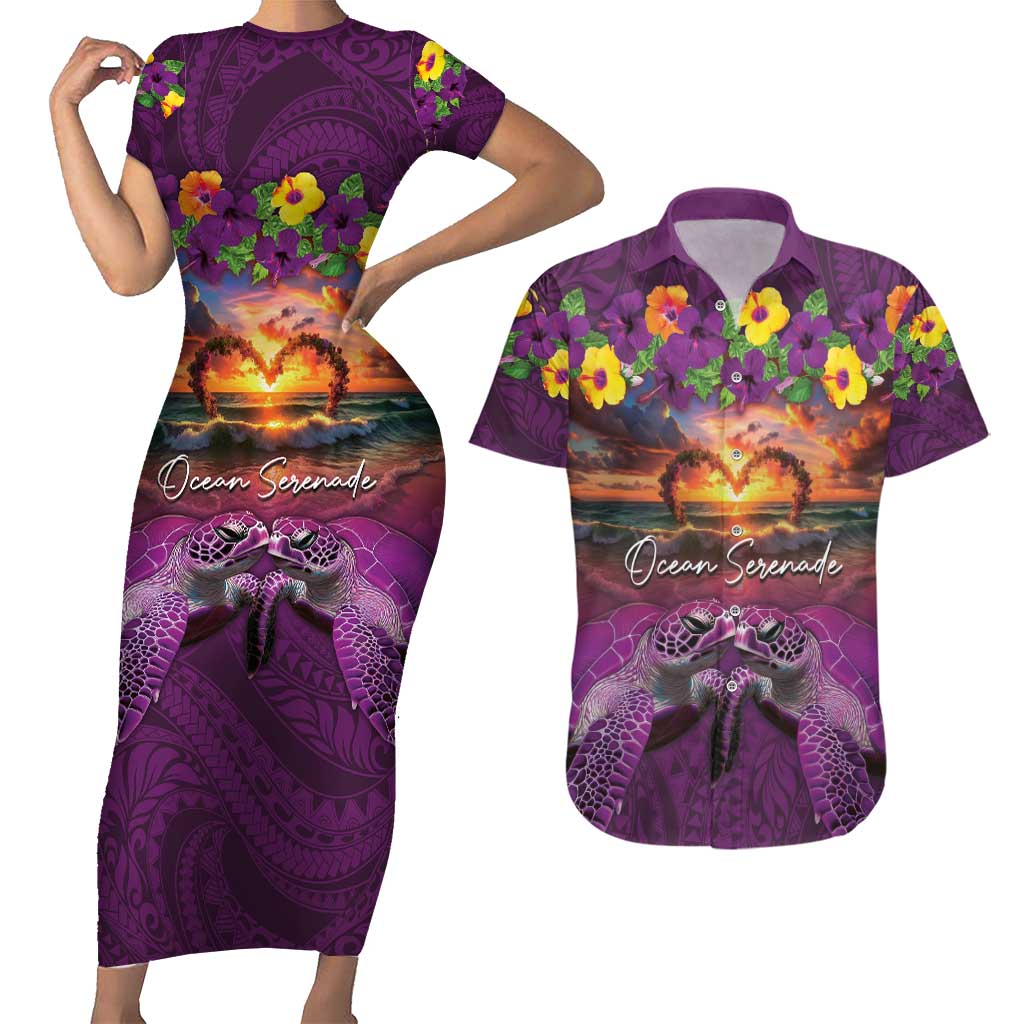 Hawaiian Turtle Love Couple Couples Matching Short Sleeve Bodycon Dress and Hawaiian Shirt Ocean Serenade - Honu Honi Ihu with Hibiscus and Romantic Sunset Purple Color LT03 Purple - Polynesian Pride
