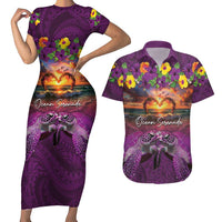 Hawaiian Turtle Love Couple Couples Matching Short Sleeve Bodycon Dress and Hawaiian Shirt Ocean Serenade - Honu Honi Ihu with Hibiscus and Romantic Sunset Purple Color LT03 Purple - Polynesian Pride