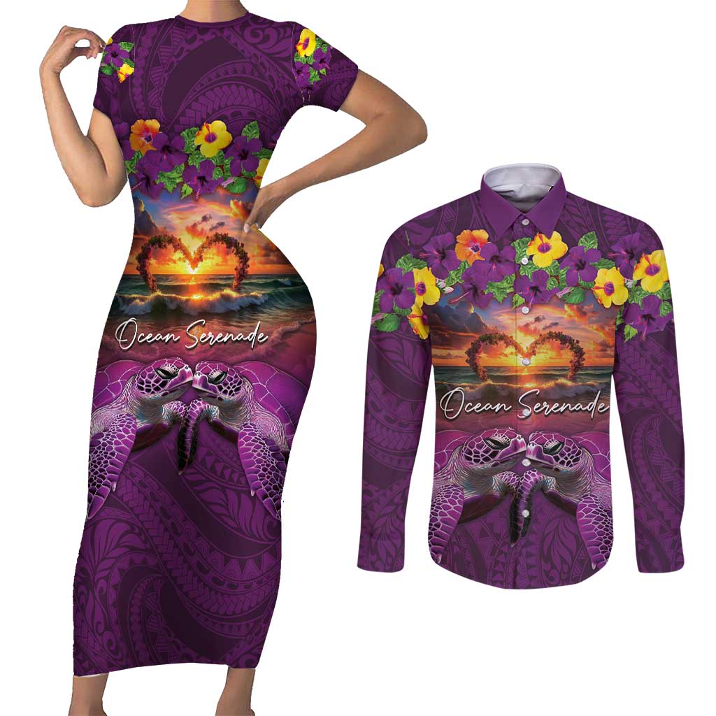 Hawaiian Turtle Love Couple Couples Matching Short Sleeve Bodycon Dress and Long Sleeve Button Shirt Ocean Serenade - Honu Honi Ihu with Hibiscus and Romantic Sunset Purple Color LT03 Purple - Polynesian Pride