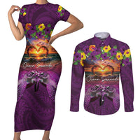 Hawaiian Turtle Love Couple Couples Matching Short Sleeve Bodycon Dress and Long Sleeve Button Shirt Ocean Serenade - Honu Honi Ihu with Hibiscus and Romantic Sunset Purple Color LT03 Purple - Polynesian Pride