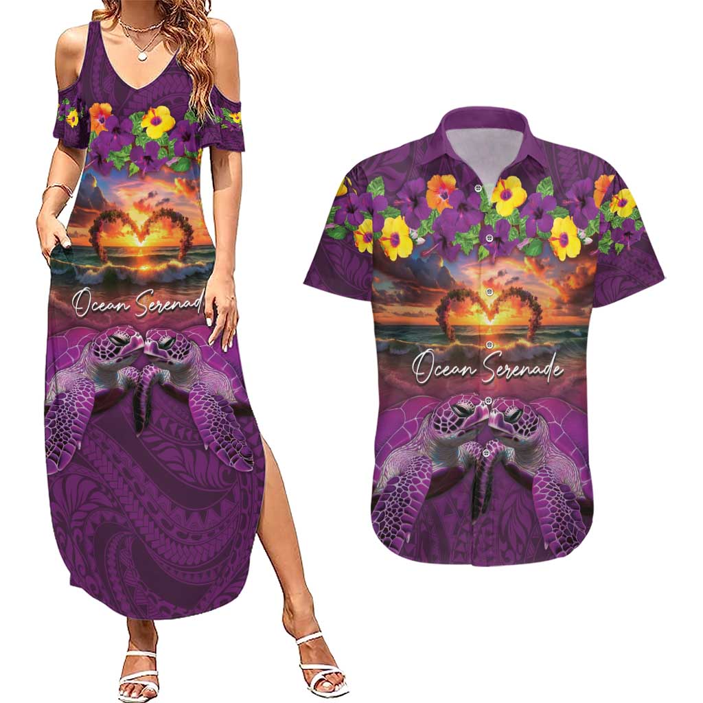 Hawaiian Turtle Love Couple Couples Matching Summer Maxi Dress and Hawaiian Shirt Ocean Serenade - Honu Honi Ihu with Hibiscus and Romantic Sunset Purple Color LT03 Purple - Polynesian Pride