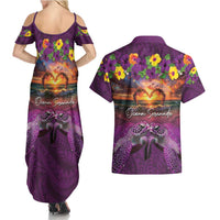 Hawaiian Turtle Love Couple Couples Matching Summer Maxi Dress and Hawaiian Shirt Ocean Serenade - Honu Honi Ihu with Hibiscus and Romantic Sunset Purple Color LT03 - Polynesian Pride