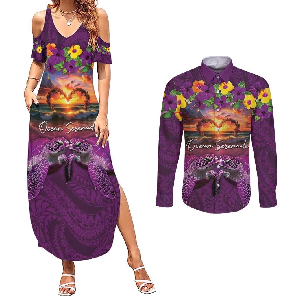 Hawaiian Turtle Love Couple Couples Matching Summer Maxi Dress and Long Sleeve Button Shirt Ocean Serenade - Honu Honi Ihu with Hibiscus and Romantic Sunset Purple Color LT03 Purple - Polynesian Pride