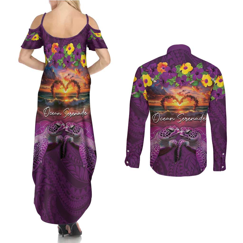 Hawaiian Turtle Love Couple Couples Matching Summer Maxi Dress and Long Sleeve Button Shirt Ocean Serenade - Honu Honi Ihu with Hibiscus and Romantic Sunset Purple Color LT03 - Polynesian Pride