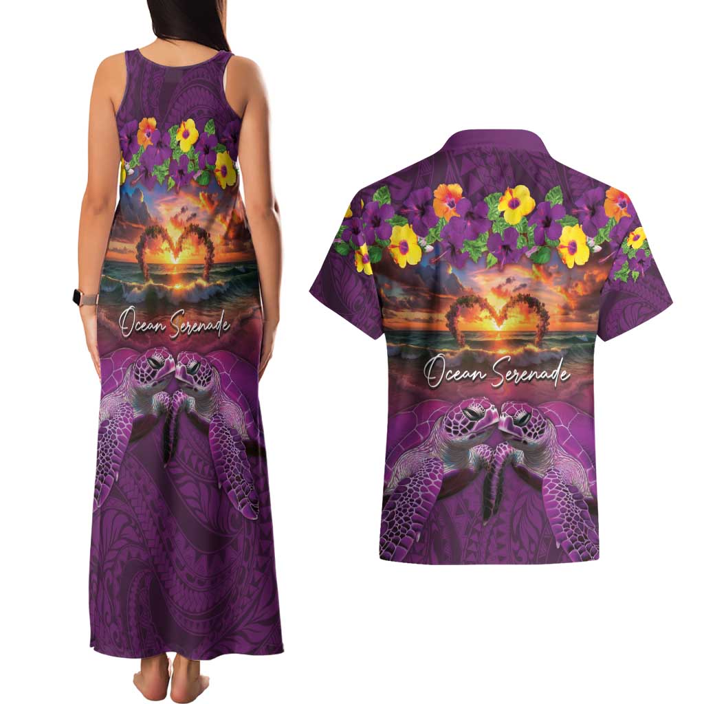 Hawaiian Turtle Love Couple Couples Matching Tank Maxi Dress and Hawaiian Shirt Ocean Serenade - Honu Honi Ihu with Hibiscus and Romantic Sunset Purple Color LT03 - Polynesian Pride