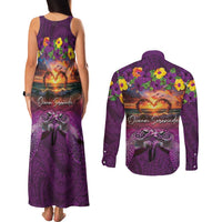 Hawaiian Turtle Love Couple Couples Matching Tank Maxi Dress and Long Sleeve Button Shirt Ocean Serenade - Honu Honi Ihu with Hibiscus and Romantic Sunset Purple Color LT03 - Polynesian Pride