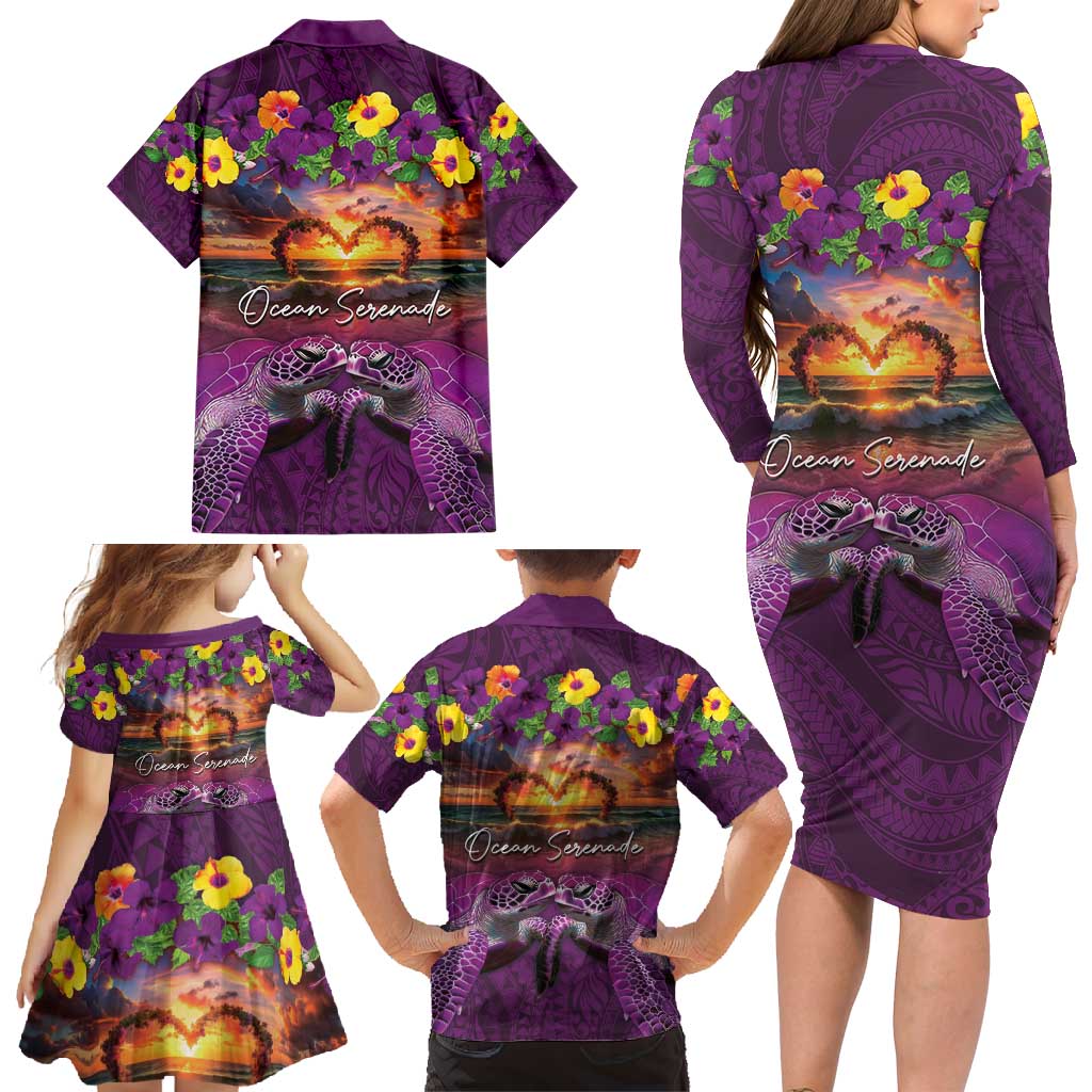 Hawaiian Turtle Love Couple Family Matching Long Sleeve Bodycon Dress and Hawaiian Shirt Ocean Serenade - Honu Honi Ihu with Hibiscus and Romantic Sunset Purple Color LT03 - Polynesian Pride