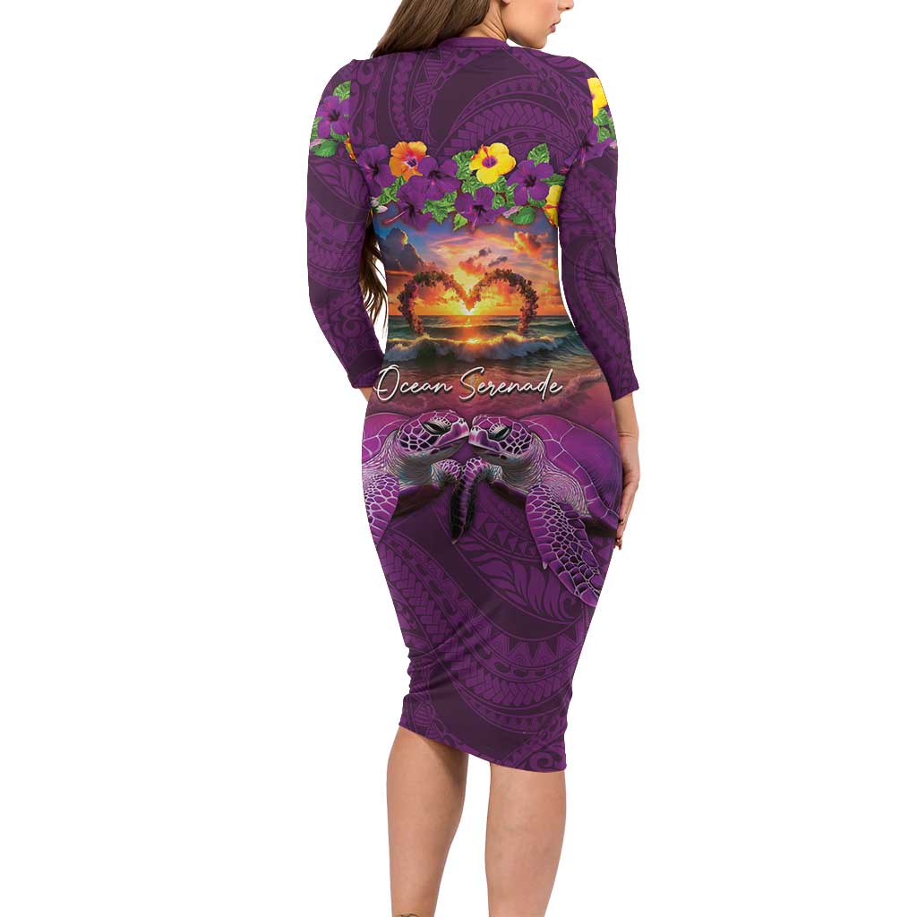 Hawaiian Turtle Love Couple Family Matching Long Sleeve Bodycon Dress and Hawaiian Shirt Ocean Serenade - Honu Honi Ihu with Hibiscus and Romantic Sunset Purple Color LT03 - Polynesian Pride