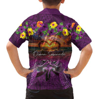 Hawaiian Turtle Love Couple Family Matching Off The Shoulder Long Sleeve Dress and Hawaiian Shirt Ocean Serenade - Honu Honi Ihu with Hibiscus and Romantic Sunset Purple Color LT03 - Polynesian Pride