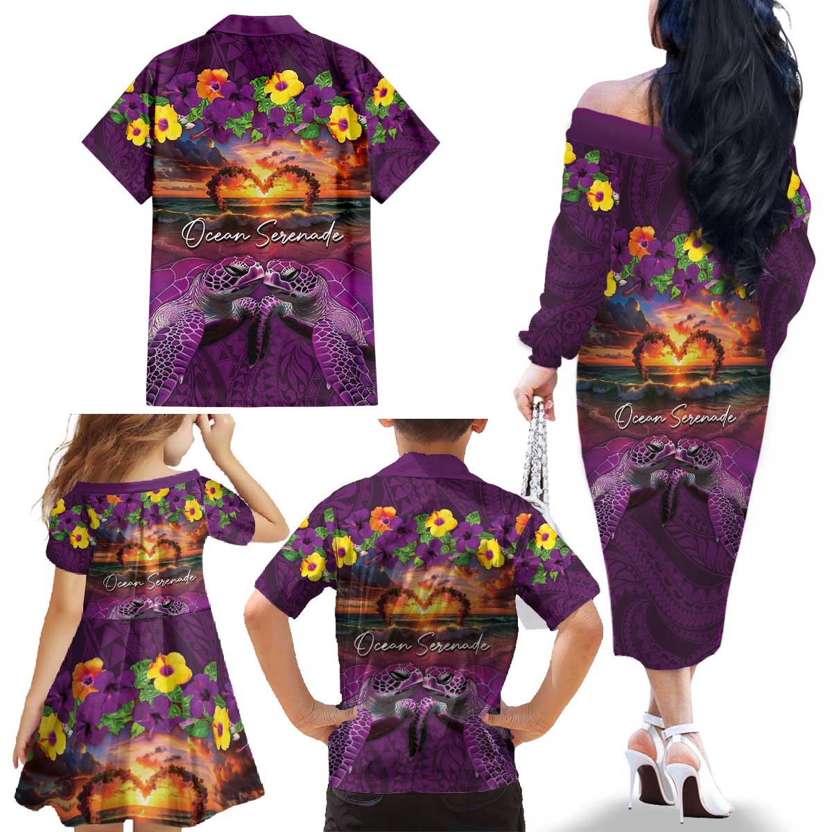 Hawaiian Turtle Love Couple Family Matching Off The Shoulder Long Sleeve Dress and Hawaiian Shirt Ocean Serenade - Honu Honi Ihu with Hibiscus and Romantic Sunset Purple Color LT03 - Polynesian Pride