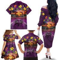 Hawaiian Turtle Love Couple Family Matching Off The Shoulder Long Sleeve Dress and Hawaiian Shirt Ocean Serenade - Honu Honi Ihu with Hibiscus and Romantic Sunset Purple Color LT03 - Polynesian Pride