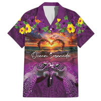 Hawaiian Turtle Love Couple Family Matching Off The Shoulder Long Sleeve Dress and Hawaiian Shirt Ocean Serenade - Honu Honi Ihu with Hibiscus and Romantic Sunset Purple Color LT03 Dad's Shirt - Short Sleeve Purple - Polynesian Pride