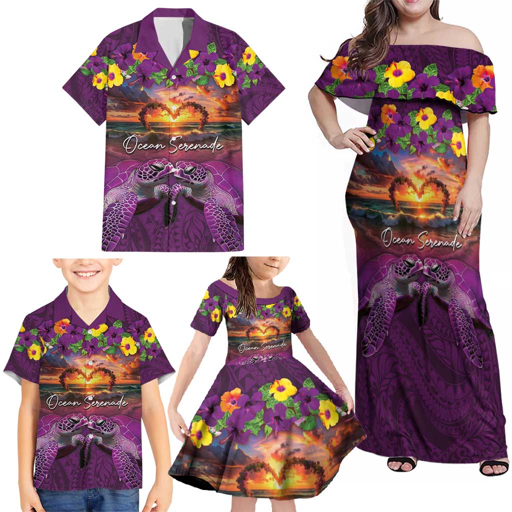 Hawaiian Turtle Love Couple Family Matching Off Shoulder Maxi Dress and Hawaiian Shirt Ocean Serenade - Honu Honi Ihu with Hibiscus and Romantic Sunset Purple Color LT03 - Polynesian Pride
