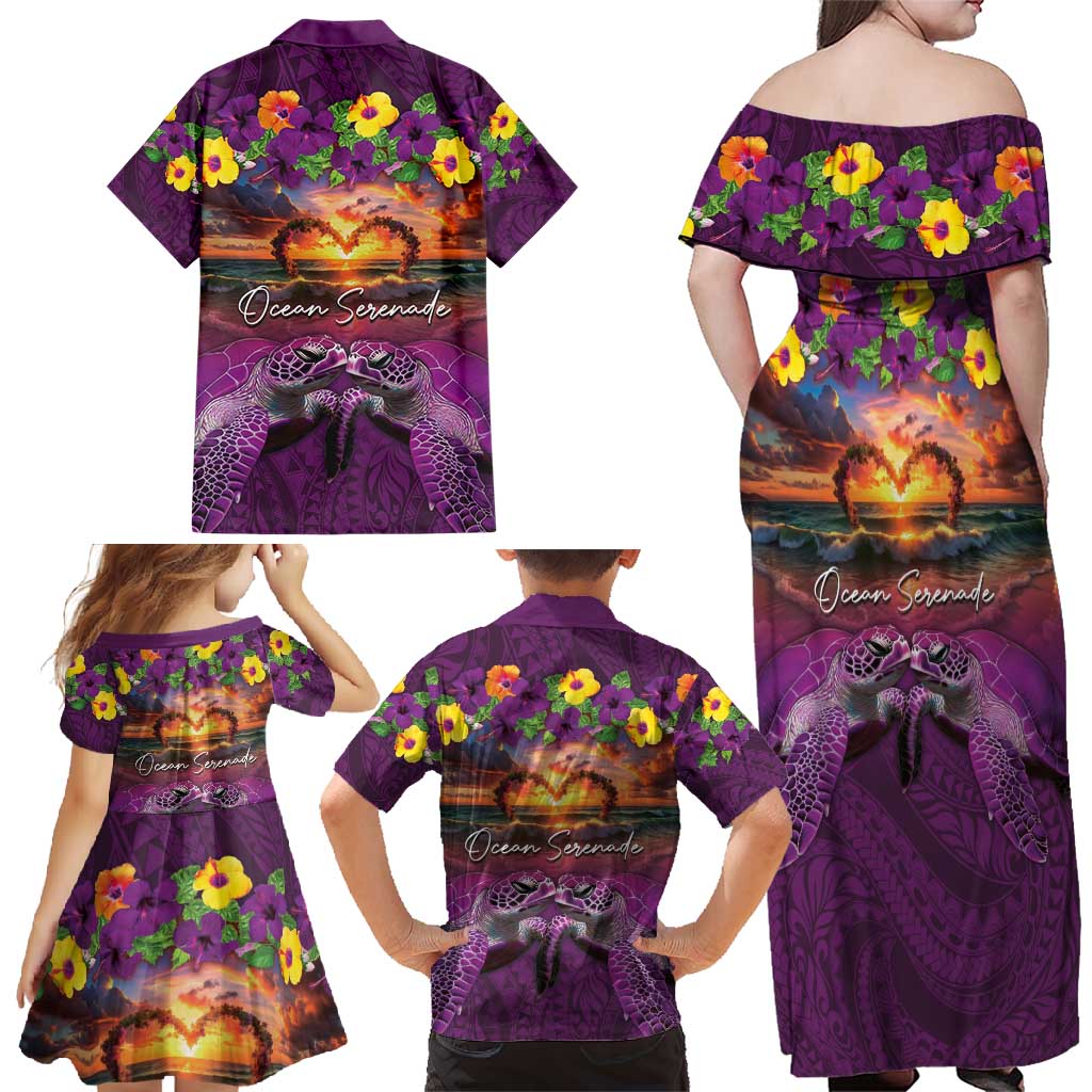 Hawaiian Turtle Love Couple Family Matching Off Shoulder Maxi Dress and Hawaiian Shirt Ocean Serenade - Honu Honi Ihu with Hibiscus and Romantic Sunset Purple Color LT03 - Polynesian Pride