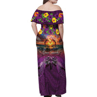 Hawaiian Turtle Love Couple Family Matching Off Shoulder Maxi Dress and Hawaiian Shirt Ocean Serenade - Honu Honi Ihu with Hibiscus and Romantic Sunset Purple Color LT03 - Polynesian Pride