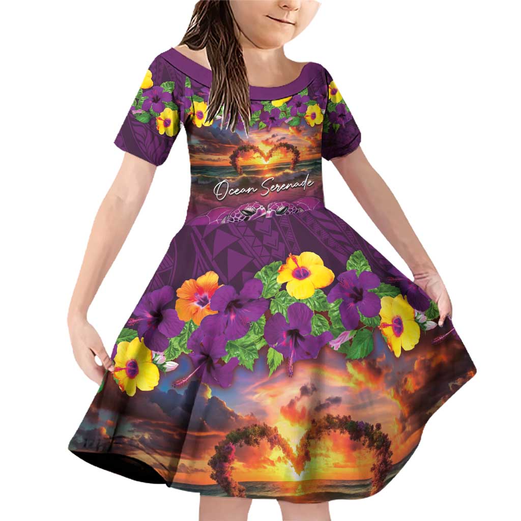 Hawaiian Turtle Love Couple Family Matching Off Shoulder Short Dress and Hawaiian Shirt Ocean Serenade - Honu Honi Ihu with Hibiscus and Romantic Sunset Purple Color LT03 Daughter's Dress Purple - Polynesian Pride
