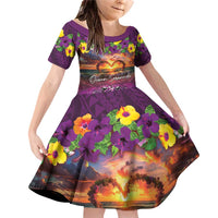 Hawaiian Turtle Love Couple Family Matching Off Shoulder Short Dress and Hawaiian Shirt Ocean Serenade - Honu Honi Ihu with Hibiscus and Romantic Sunset Purple Color LT03 Daughter's Dress Purple - Polynesian Pride