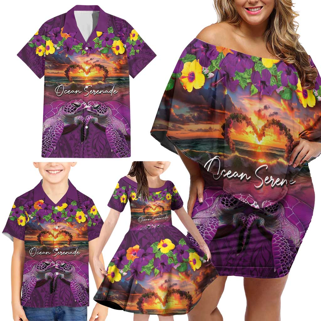 Hawaiian Turtle Love Couple Family Matching Off Shoulder Short Dress and Hawaiian Shirt Ocean Serenade - Honu Honi Ihu with Hibiscus and Romantic Sunset Purple Color LT03 - Polynesian Pride