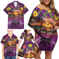 Hawaiian Turtle Love Couple Family Matching Off Shoulder Short Dress and Hawaiian Shirt Ocean Serenade - Honu Honi Ihu with Hibiscus and Romantic Sunset Purple Color LT03 - Polynesian Pride