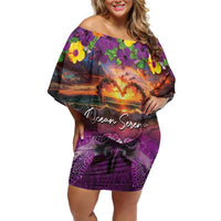 Hawaiian Turtle Love Couple Family Matching Off Shoulder Short Dress and Hawaiian Shirt Ocean Serenade - Honu Honi Ihu with Hibiscus and Romantic Sunset Purple Color LT03 Mom's Dress Purple - Polynesian Pride