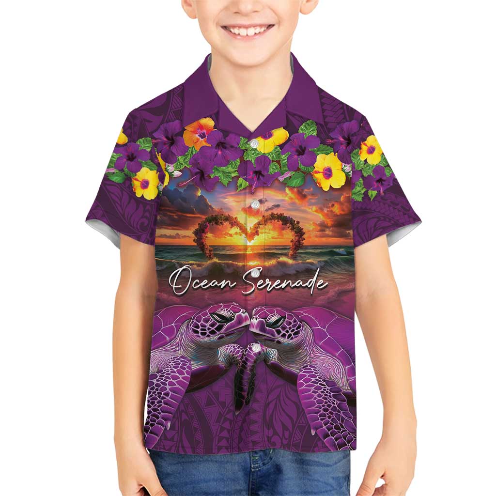 Hawaiian Turtle Love Couple Family Matching Off Shoulder Short Dress and Hawaiian Shirt Ocean Serenade - Honu Honi Ihu with Hibiscus and Romantic Sunset Purple Color LT03 Son's Shirt Purple - Polynesian Pride