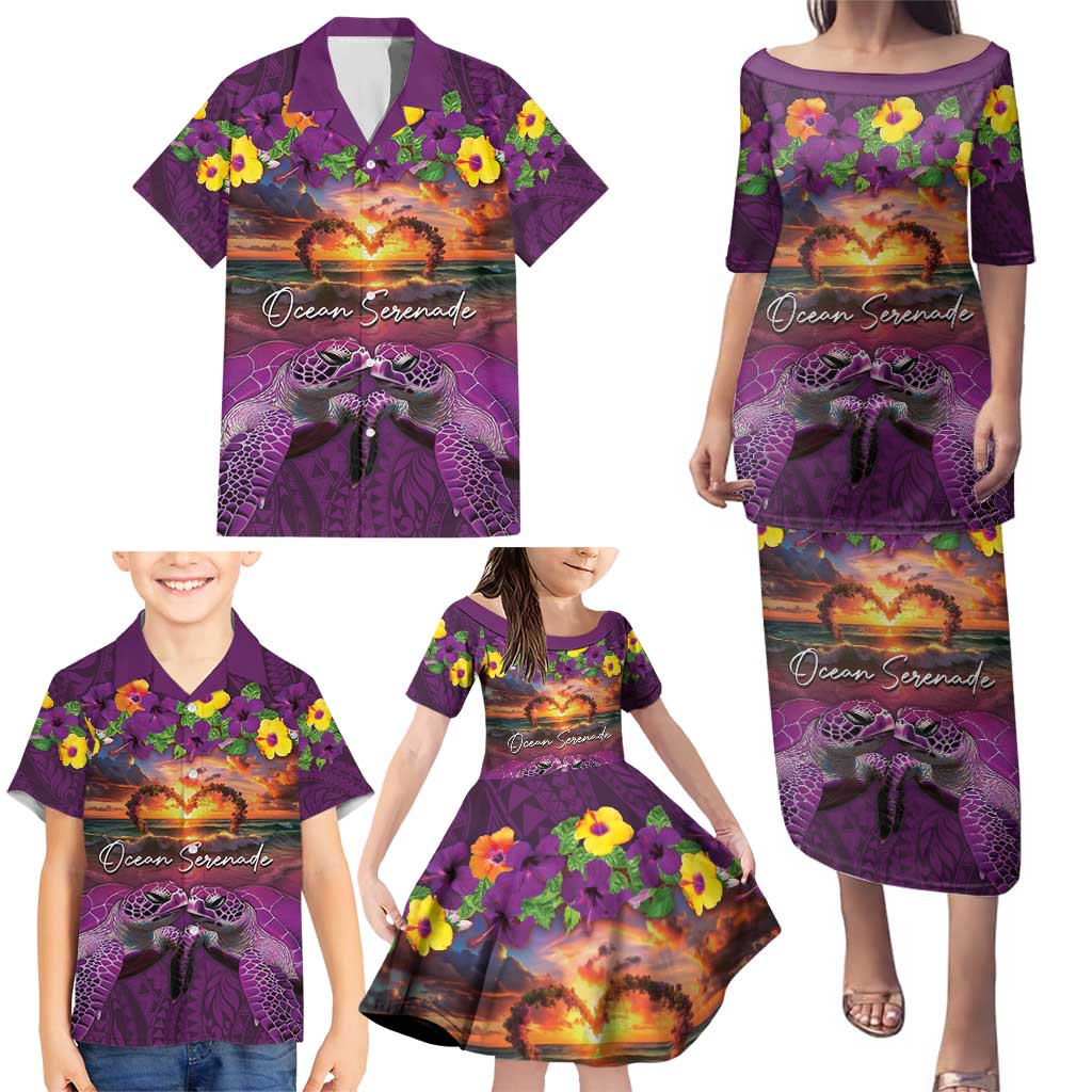 Hawaiian Turtle Love Couple Family Matching Puletasi and Hawaiian Shirt Ocean Serenade - Honu Honi Ihu with Hibiscus and Romantic Sunset Purple Color LT03 - Polynesian Pride