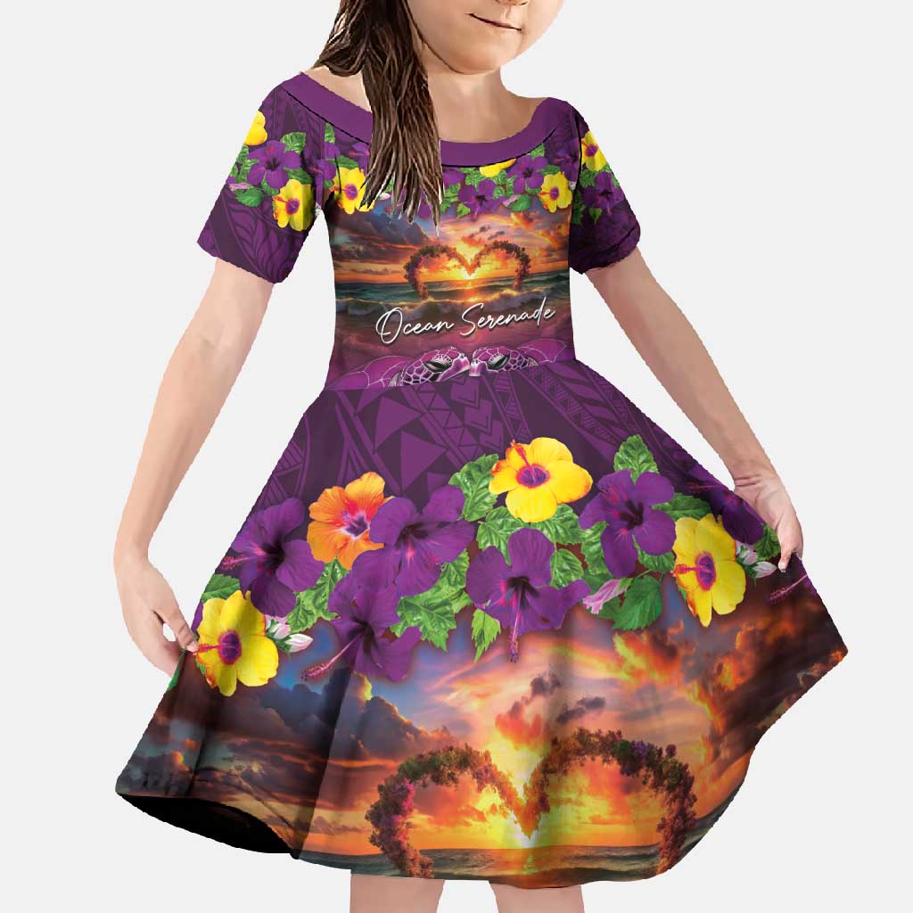 Hawaiian Turtle Love Couple Family Matching Short Sleeve Bodycon Dress and Hawaiian Shirt Ocean Serenade - Honu Honi Ihu with Hibiscus and Romantic Sunset Purple Color LT03 Daughter's Dress Purple - Polynesian Pride