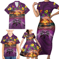 Hawaiian Turtle Love Couple Family Matching Short Sleeve Bodycon Dress and Hawaiian Shirt Ocean Serenade - Honu Honi Ihu with Hibiscus and Romantic Sunset Purple Color LT03 - Polynesian Pride