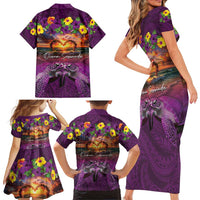 Hawaiian Turtle Love Couple Family Matching Short Sleeve Bodycon Dress and Hawaiian Shirt Ocean Serenade - Honu Honi Ihu with Hibiscus and Romantic Sunset Purple Color LT03 - Polynesian Pride