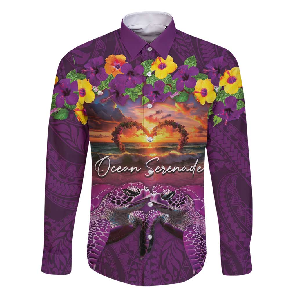 Hawaiian Turtle Love Couple Family Matching Short Sleeve Bodycon Dress and Hawaiian Shirt Ocean Serenade - Honu Honi Ihu with Hibiscus and Romantic Sunset Purple Color LT03 Dad's Shirt - Long Sleeve Purple - Polynesian Pride