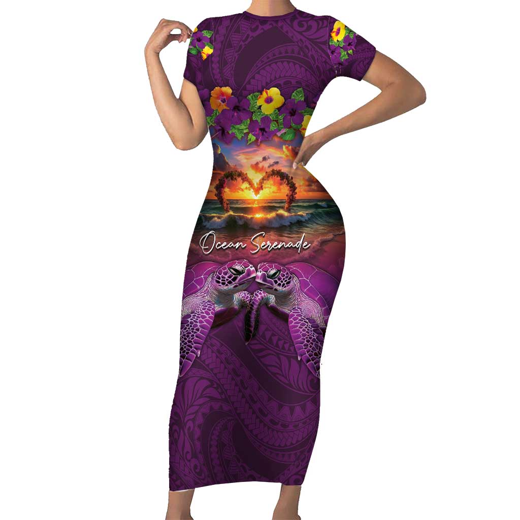 Hawaiian Turtle Love Couple Family Matching Short Sleeve Bodycon Dress and Hawaiian Shirt Ocean Serenade - Honu Honi Ihu with Hibiscus and Romantic Sunset Purple Color LT03 Mom's Dress Purple - Polynesian Pride