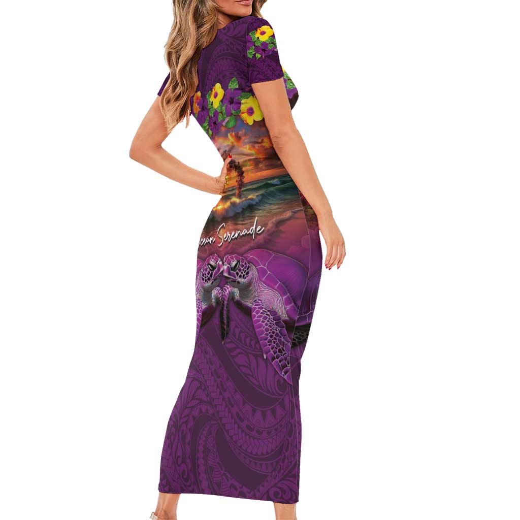 Hawaiian Turtle Love Couple Family Matching Short Sleeve Bodycon Dress and Hawaiian Shirt Ocean Serenade - Honu Honi Ihu with Hibiscus and Romantic Sunset Purple Color LT03 - Polynesian Pride
