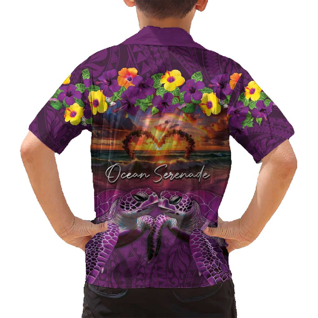 Hawaiian Turtle Love Couple Family Matching Summer Maxi Dress and Hawaiian Shirt Ocean Serenade - Honu Honi Ihu with Hibiscus and Romantic Sunset Purple Color LT03 - Polynesian Pride