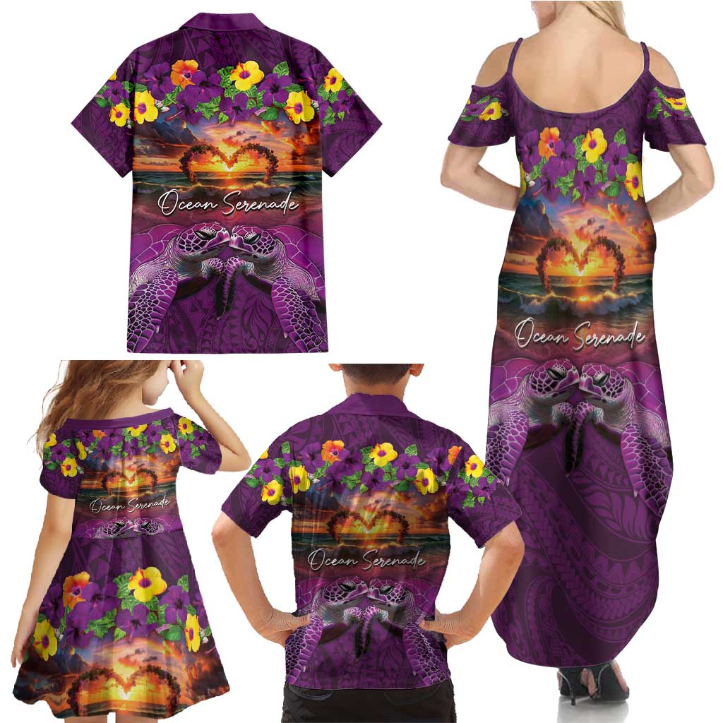 Hawaiian Turtle Love Couple Family Matching Summer Maxi Dress and Hawaiian Shirt Ocean Serenade - Honu Honi Ihu with Hibiscus and Romantic Sunset Purple Color LT03 - Polynesian Pride
