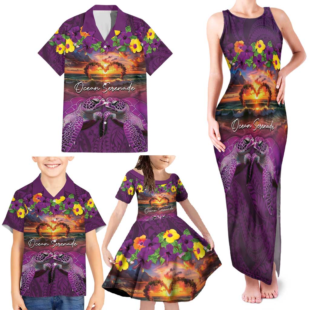 Hawaiian Turtle Love Couple Family Matching Tank Maxi Dress and Hawaiian Shirt Ocean Serenade - Honu Honi Ihu with Hibiscus and Romantic Sunset Purple Color LT03 - Polynesian Pride