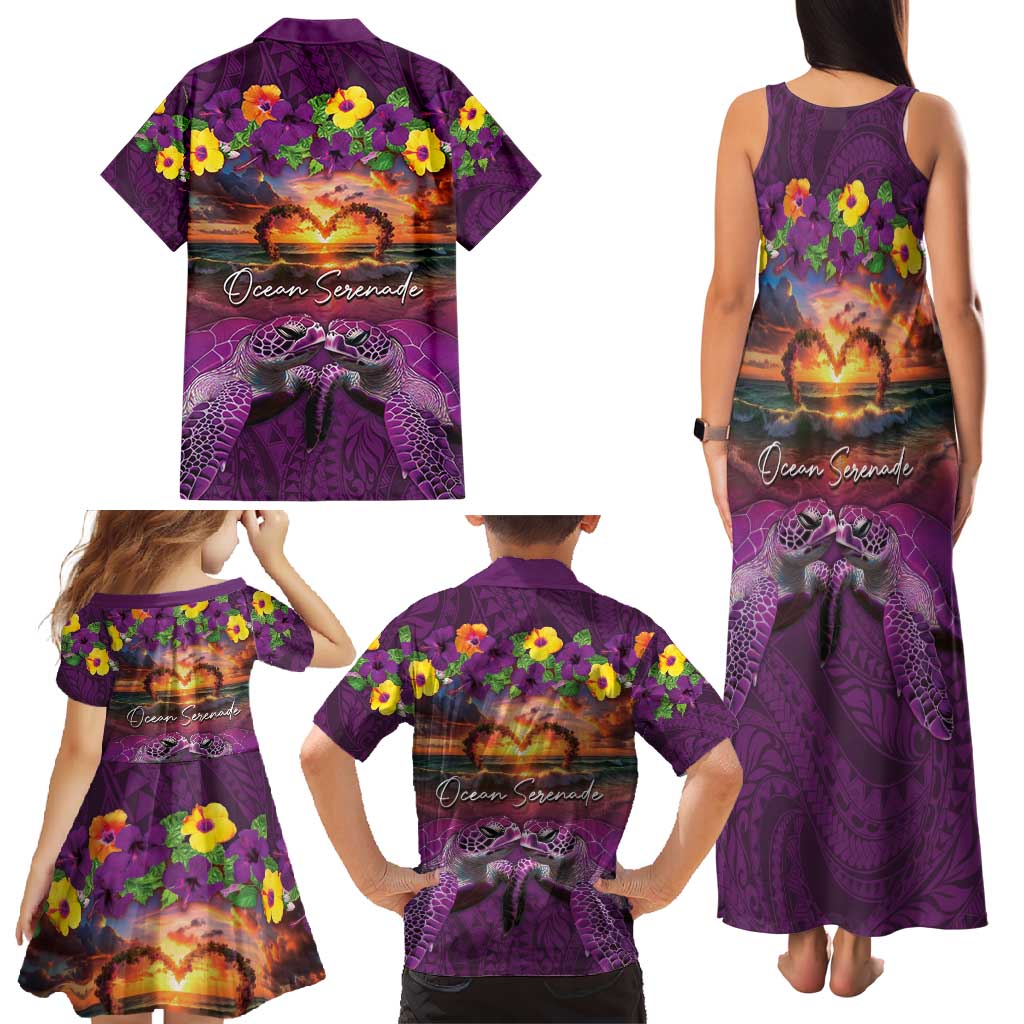 Hawaiian Turtle Love Couple Family Matching Tank Maxi Dress and Hawaiian Shirt Ocean Serenade - Honu Honi Ihu with Hibiscus and Romantic Sunset Purple Color LT03 - Polynesian Pride