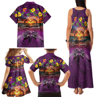 Hawaiian Turtle Love Couple Family Matching Tank Maxi Dress and Hawaiian Shirt Ocean Serenade - Honu Honi Ihu with Hibiscus and Romantic Sunset Purple Color LT03 - Polynesian Pride