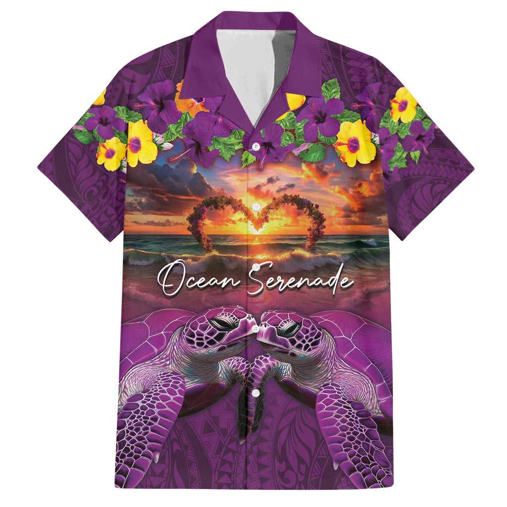 Hawaiian Turtle Love Couple Family Matching Tank Maxi Dress and Hawaiian Shirt Ocean Serenade - Honu Honi Ihu with Hibiscus and Romantic Sunset Purple Color LT03 Dad's Shirt - Short Sleeve Purple - Polynesian Pride