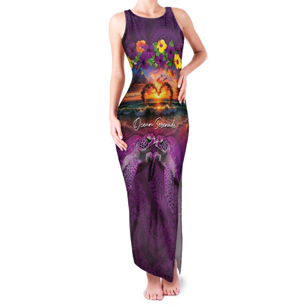 Hawaiian Turtle Love Couple Family Matching Tank Maxi Dress and Hawaiian Shirt Ocean Serenade - Honu Honi Ihu with Hibiscus and Romantic Sunset Purple Color LT03 Mom's Dress Purple - Polynesian Pride