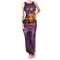 Hawaiian Turtle Love Couple Family Matching Tank Maxi Dress and Hawaiian Shirt Ocean Serenade - Honu Honi Ihu with Hibiscus and Romantic Sunset Purple Color LT03 Mom's Dress Purple - Polynesian Pride